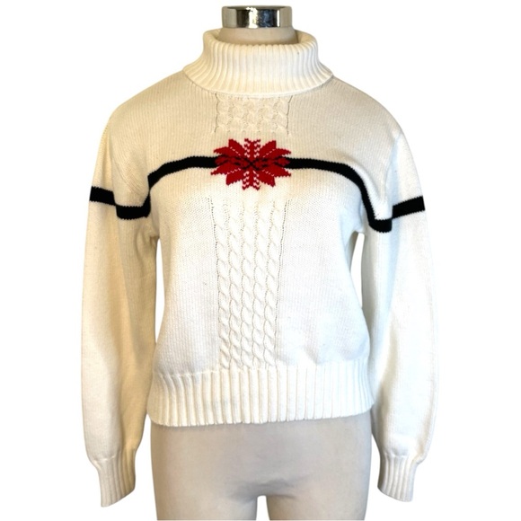 Christmas Sweater White Red Poinsettia Snowflake - Picture 1 of 17